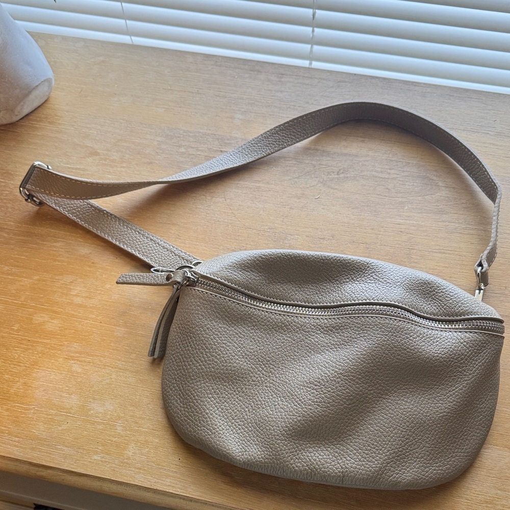 Pebbled Taupe Leather Crossbody Belt Bag